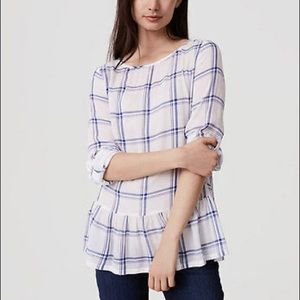 Ann Taylor LOFT Plaid Utility Roll Tab Sleeve Peplum Top White/Blue Size Medium